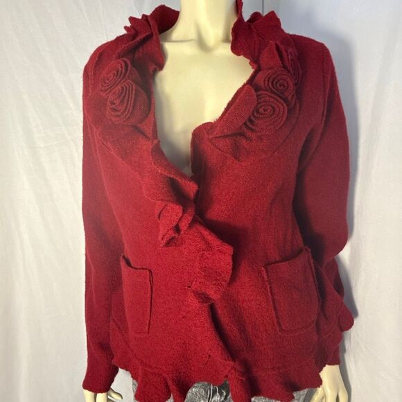 Susan Bristol 100% Wool Red Ruffle Rose Cardigan Jacket L — Textured Boho Cottag - Picture 2 of 12